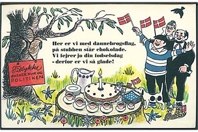 Fødselsdagskort  fra Kvik og Politiken. U/no. Frankeret med 15 øre Bølgelinie med perfin POL fra Græsted d. 12.12.1963 til Fredericia.