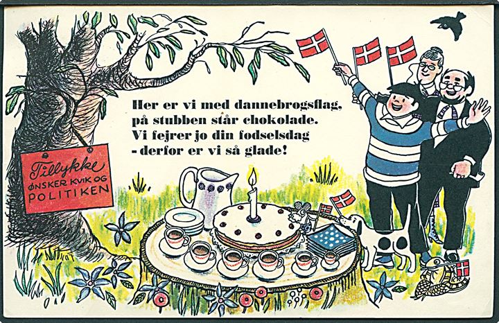 Fødselsdagskort  fra Kvik og Politiken. U/no. Frankeret med 15 øre Bølgelinie med perfin POL fra Græsted d. 12.12.1963 til Fredericia.