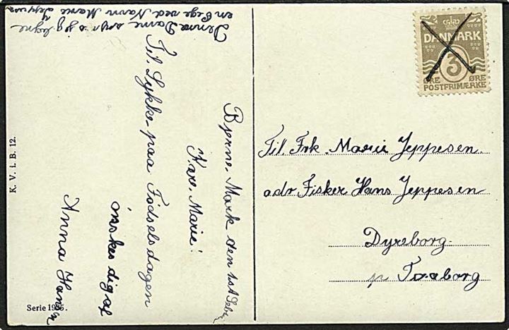 3 øre Bølgelinie annulleret med blæk-kryds på lokalt brevkort dateret Bjerne Mark 1.9.190x til Dyreborg pr. Faaborg.