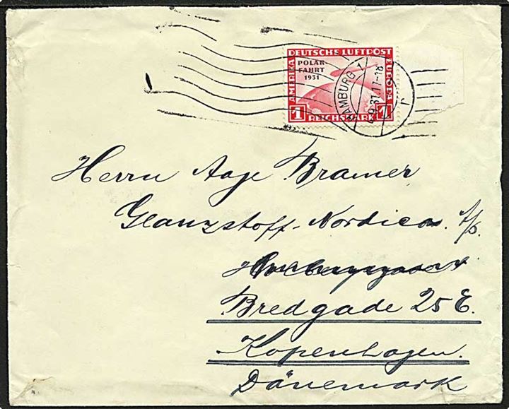 1 mk. Zeppelin Polarfahrt 1931 single på brev annulleret med håndrulle stempel Hamburg 1 d. 4.9.1931 til København, Danmark.