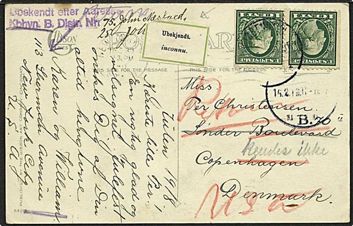 1 cent grøn på postkort fra New York, USA, d. 30.12.1918 til København. Ubekendt efter adressen og returneret. Mærkat med ubekendt.
