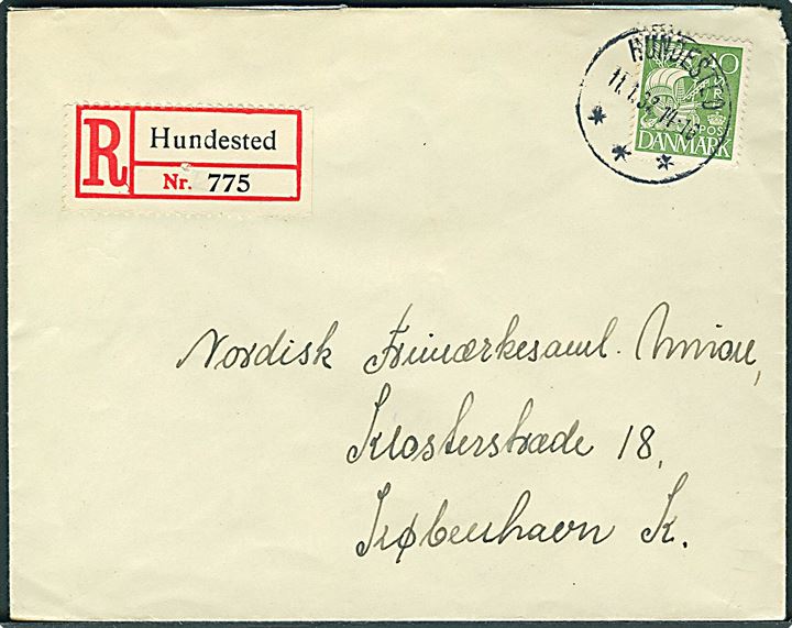 40 øre Karavel single på anbefalet brev annulleret med brotype IIIc Hundested d. 11.1.1937 til København.