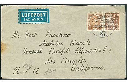25 øre Karavel og 1 kr. Chr. X på luftpostbrev fra København d. 26.10.1940 til Los Angeles, USA. Åbnet af tysk censur i Berlin.