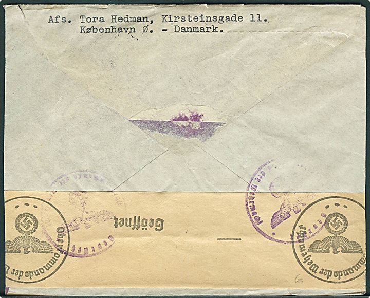 25 øre Karavel og 1 kr. Chr. X på luftpostbrev fra København d. 2.10.1940 til Knoxville, USA. Påskrevet via Transatlantic clipper. Åbnet af tysk censur i Berlin.