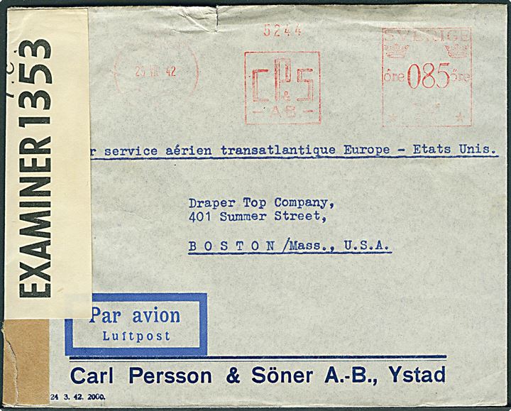 85 öre firmafranko på luftpostbrev fra Ystad d. 25.7.1942 til Boston, USA. Åbnet af britisk censur på Bermuda PC90/1353 I.C..