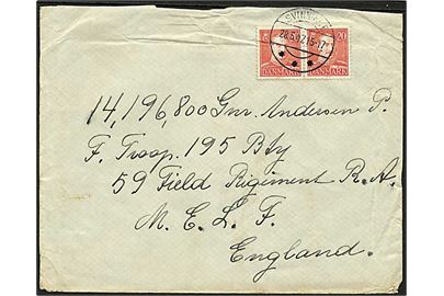 20 øre Chr. X i par på brev fra Svinninge F. d. 28.5.1947 til dansk frivillig soldat i engelsk tjeneste i 59 Field Regiment R.A. M.E.L.F. England. Flosset i overkanten.