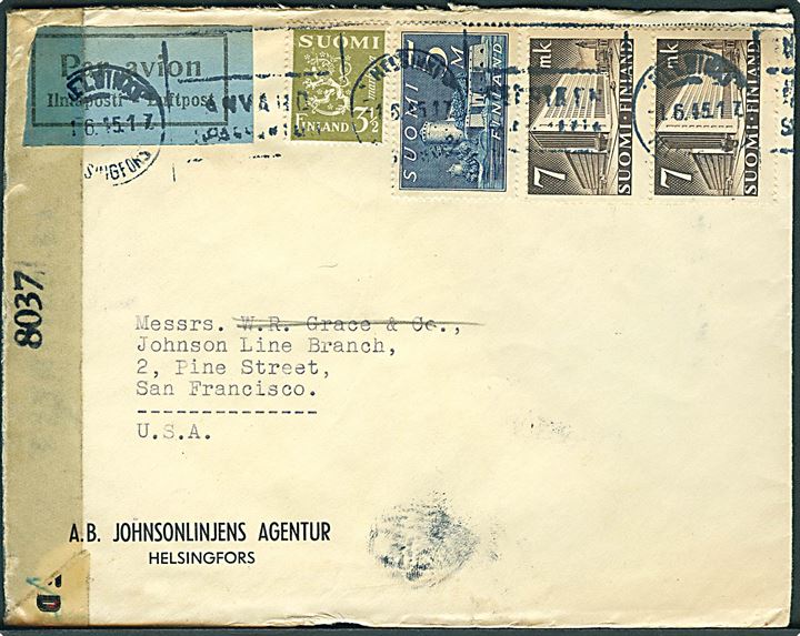 3½ mk. Løve, 5 mk. og 7 mk. (par) på luftpostbrev fra Helsingfors d. 1.6.1945 til San Francisco, USA. Åbnet af amerikansk censur no. 8037.