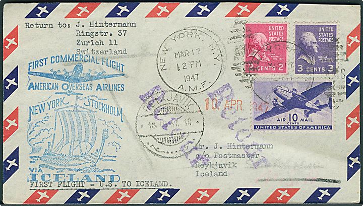 15 cents frankeret 1.-flyvningskuvert fra New York d. 17.3.1947 til Reykjavik, Island. Flyvningsstempel: First Commercial Flight American Overseas Airlines New York Stockholm via Iceland. 