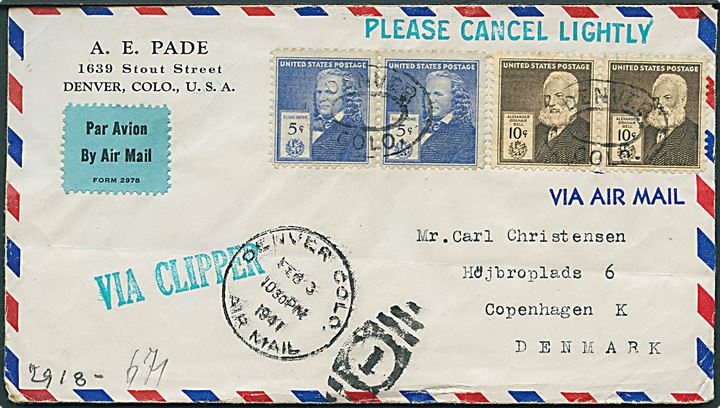 5 cents og 10 cents Berømte Amerikanere i parstykker på luftpostbrev fra Denver d. 3.2.1941 til København, Danmark. Stemplet Via Clipper. Åbnet af tysk censur i Berlin.