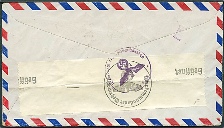 5 cents og 10 cents Berømte Amerikanere i parstykker på luftpostbrev fra Denver d. 3.2.1941 til København, Danmark. Stemplet Via Clipper. Åbnet af tysk censur i Berlin.