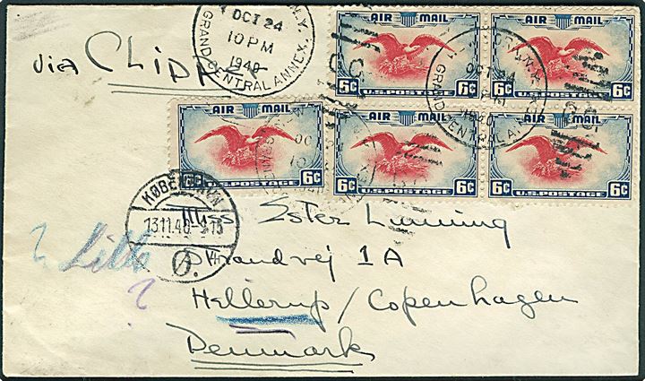 6 cents Luftpost (5) på luftpostbrev fra New York d. 24.10.1940 til Hellerup, Danmark. Ank.stemplet i København d. 13.11.1940. Åbnet af tysk censur i Frankfurt.