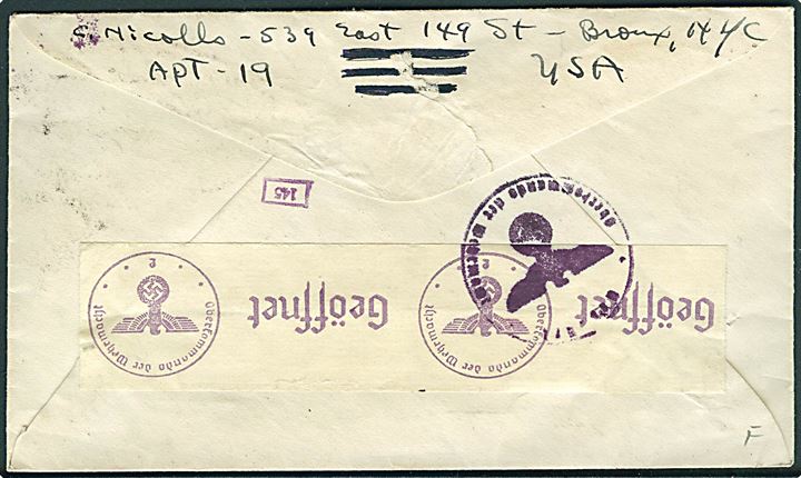 6 cents Luftpost (5) på luftpostbrev fra New York d. 24.10.1940 til Hellerup, Danmark. Ank.stemplet i København d. 13.11.1940. Åbnet af tysk censur i Frankfurt.