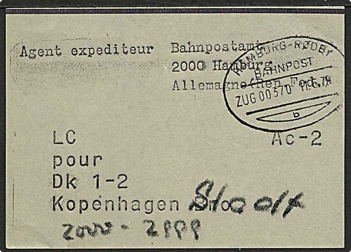 Tysk brevbundt-seddel med bureaustempel Hamburg - Rödby Bahnpost Zug 00370 d. 11.6.1979 til København.