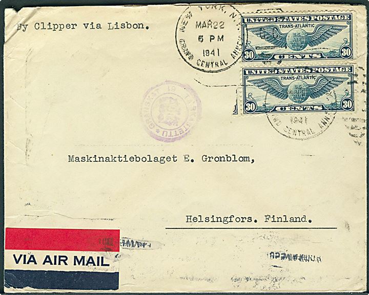 30 cents Winged Globe (2) på luftpostbrev fra New York d. 22.3.1941 til Helsingfors, Finland. Påskrevet By Clipper via Lisbon. Finsk censur.