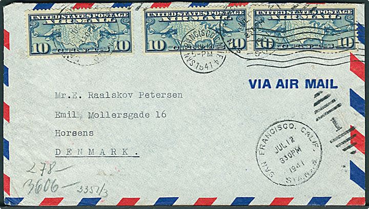 10 cents Luftpost (3) på luftpostbrev fra San Francisco d. 12.7.1941 til Horsens, Danmark. Åbnet af tysk censur i Frankfurt.