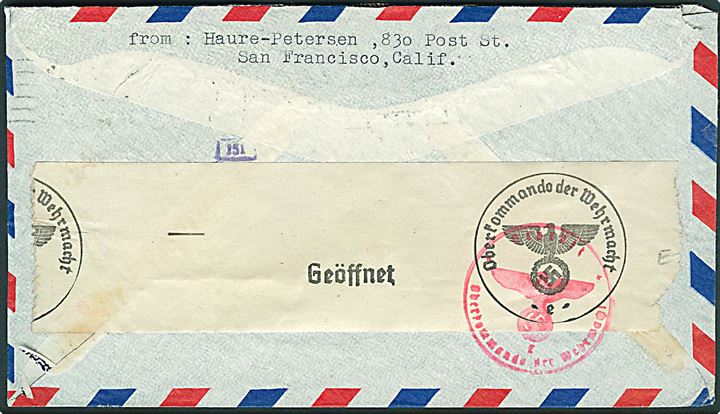 10 cents Luftpost (3) på luftpostbrev fra San Francisco d. 12.7.1941 til Horsens, Danmark. Åbnet af tysk censur i Frankfurt.