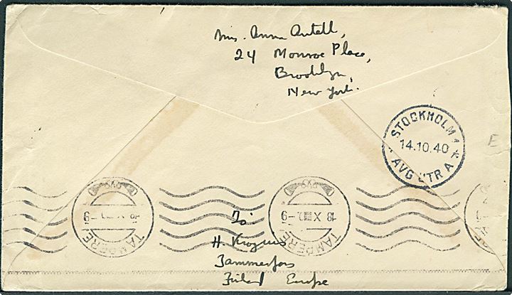 30 cents blandingsfrankeret luftpostbrev fra Brooklyn d. 7.10.1940 via Stockholm til Tammerfors, Finland. Påskrevet via Clipper med stempel Trans-Atlantic Route. Finsk censur.