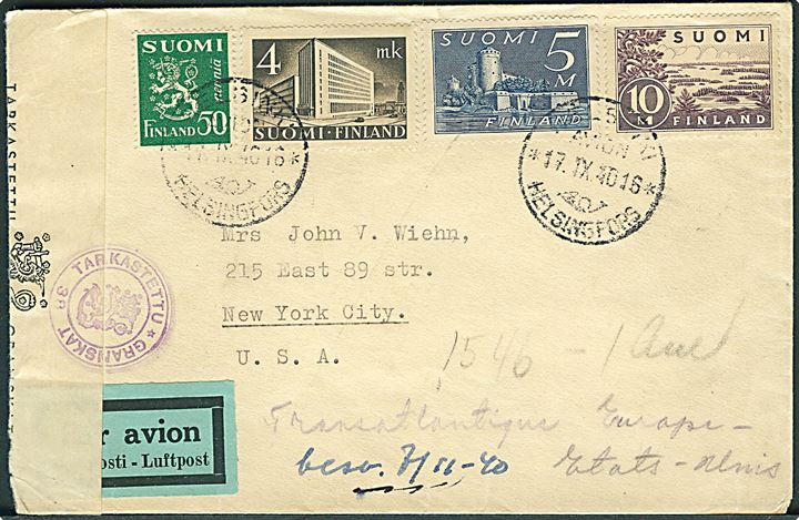 19,50 mk. frankeret luftpostbrev fra Helsingfors d. 17.9.1940 til New York, USA. Åbnet af finsk censur.