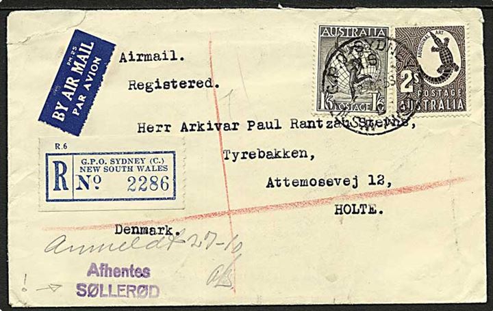 3 sh. 6d blandingsfrankeret anbefalet luftpostbrev fra Sydney d. 22.10.1953 til Holte, Danmark. Anmeldt med stempel: Afhentes Søllerød.