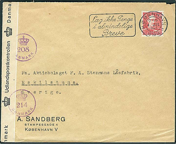 20 øre Chr. X på brev fra København d. 4.7.1945 til Eskilstuna, Sverige. Dobbeltcensureret af den danske efterkrigscensur (krone)/208/Danmark og (krone)/214/Danmark.