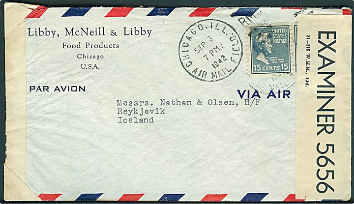 15 cents Buchanan i parstykke med perfin L på luftpostbrev fra Libby, McNeill & Libby i Chicago d. 3.9.1942 til Reykjavik, Island. Åbnet af amerikansk censur no. 6659 og britisk censur PC90/5656.
