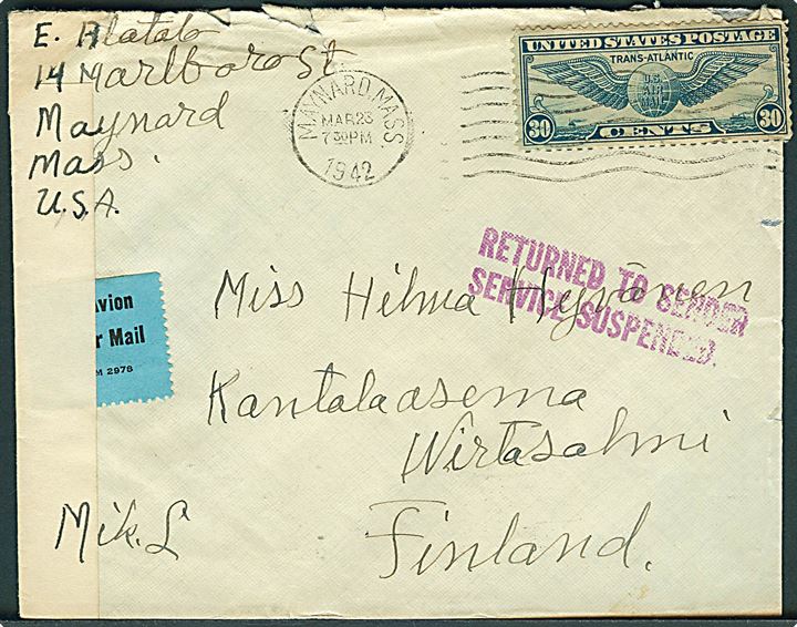 30 cents Winged Globe på luftpostbrev fra Maynard d. 23.3.1942 til Wirtasalmi, Finland. Retur fra Morgan Annex New York d. 14.9.1942 med stempel Returned to Sender Service Suspended. Åbnet af amerikansk censur no. 6623.