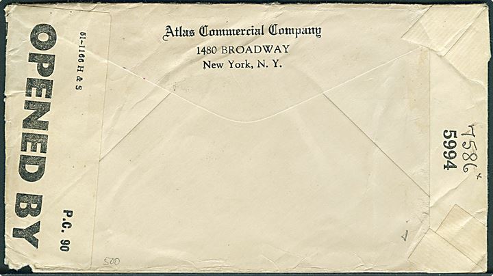 30 cents Transport (2) på luftpostbrev fra New York d. 20.10.1943 til Saudarkroki, Island. Dobbeltcensureret med amerikansk censor no. 5994 og håndskrevet 7586, samt britisk PC90/6028.