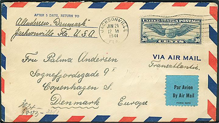 30 cents Winged Globe på luftpostbrev fra Jacksonville d. 21.6.1941 til København, Danmark. Åbnet af tysk censur i Frankfurt. Fra sømand ombord på skoleskibet Danmark oplagt i Jacksonville.