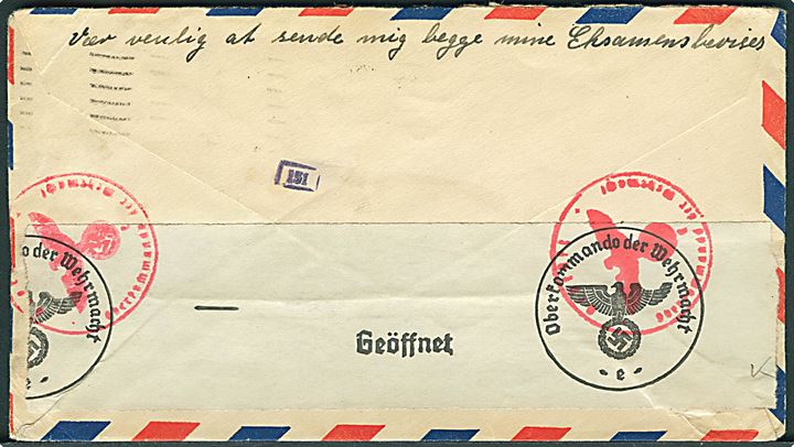 30 cents Winged Globe på luftpostbrev fra Jacksonville d. 21.6.1941 til København, Danmark. Åbnet af tysk censur i Frankfurt. Fra sømand ombord på skoleskibet Danmark oplagt i Jacksonville.