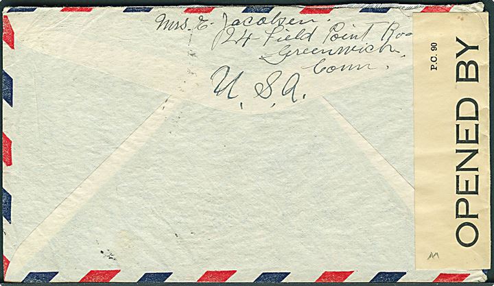 30 cents Winged Globe på luftpostbrev fra Greenwich d. 3. 12.1941 til Bergen, Norge. Åbnet af britisk censur på Bermuda PC90/6085 I.C. og returneret til USA. Amerikansk TMS Returned to sender Service Suspended/New York d. 24.7.1942.