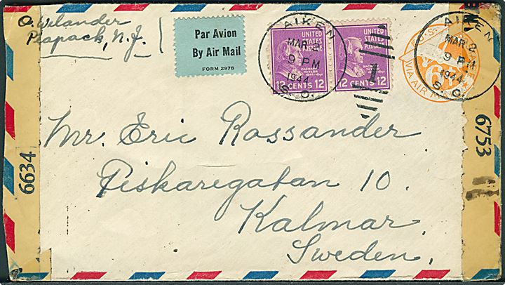6 cents luftpost helsagskuvert opfrankeret med 12 cents Taylor i parstykke fra Aiken d. 2.3.1944 til Kalmar, Sverige. Dobbelt censureret i USA med censor no. 6634 og 6753.