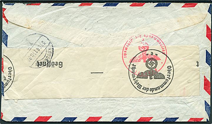 5 cents Monroe (2) og 10 cents Tylor (2) på luftpostbrev fra New York d. 14.8.1941 til København, Danmark. Åbnet af tysk censur i Frankfurt.