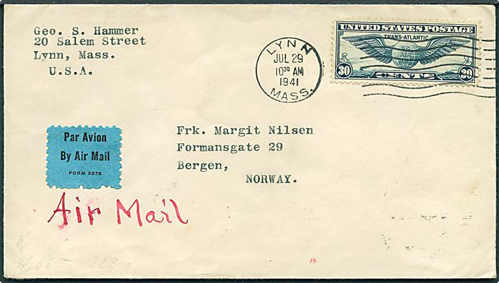 30 cents Winged Globe på luftpostbrev fra Lynn d. 29.7.1941 til Bergen, Norge. Åbnet af tysk censur i Frankfurt. Ank.stemplet i Bergen d. 16.8.1941.