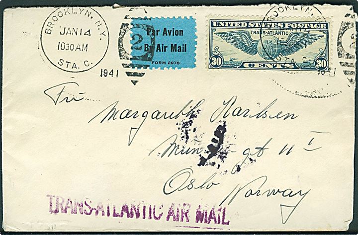 30 cents Winged Globe på luftpostbrev fra Brooklyn d. 14.1.1941 til Oslo, Norge. Åbnet af tysk censur i Frankfurt.