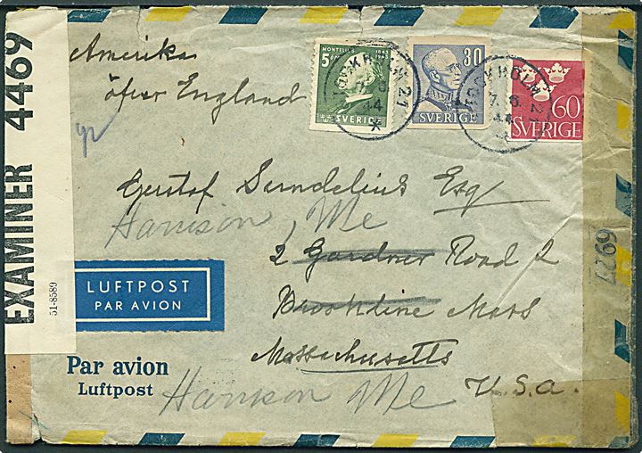 5 öre Montelius, 30 öre Gustaf og 60 öre Tre Kroner på luftpostbrev fra Stockholm d. 7.6.1944 til Brookline, USA - eftersendt. Åbnet af britisk censur PC90/4469 og amerikansk censur no. 6927.