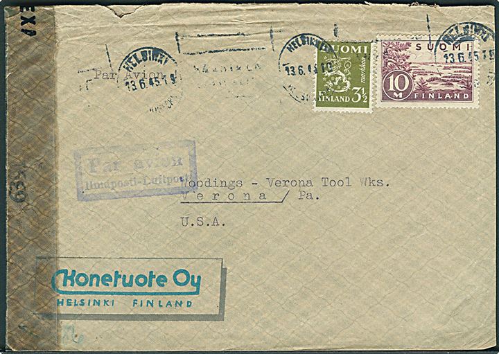 3½ mk. Løve og 10 mk. Landskab på luftpostbrev fra Helsinki d. 13.6.1945 til Verona, USA. Åbnet af amerikansk censur no. 6392.