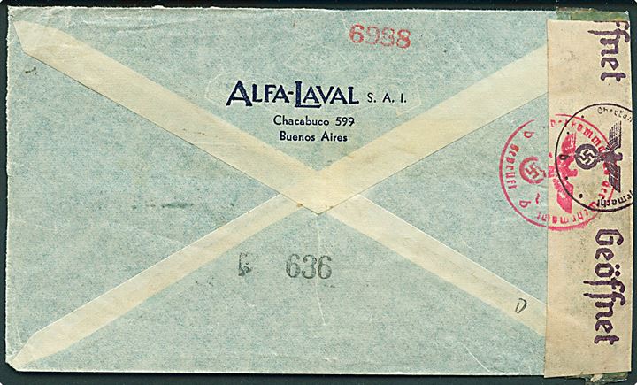 1,50 p. frankeret luftpostbrev fra Buenos Aires 1944 til Stockholm, Sverige. Åbnet af amerikansk censur og igen af tysk censur i Berlin.