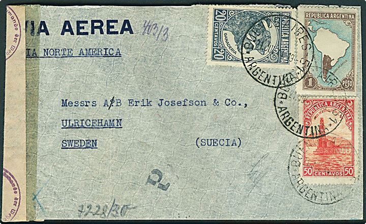 1,70 p. frankeret luftpostbrev fra Buenos Aires d. 21.7.1944 til Ulricehamn, Sverige. Åbnet af amerikansk censur og igen af tysk censur i Berlin.