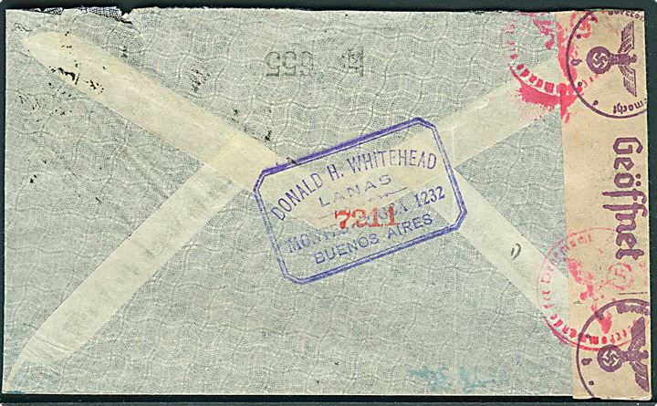 1,70 p. frankeret luftpostbrev fra Buenos Aires d. 21.7.1944 til Ulricehamn, Sverige. Åbnet af amerikansk censur og igen af tysk censur i Berlin.
