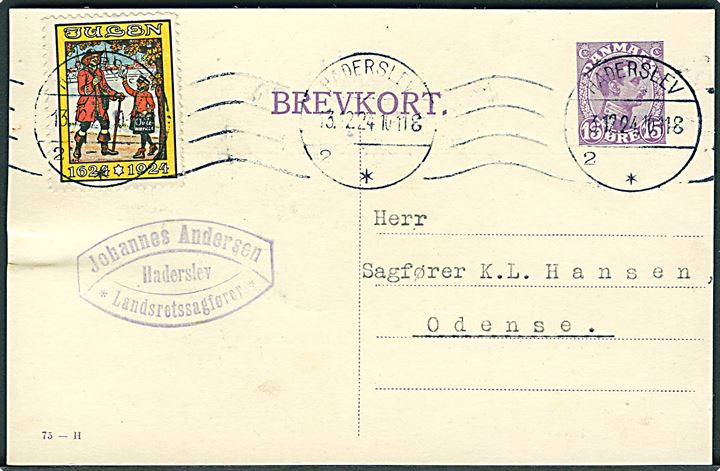 15 øre Chr. X helsagsbrevkort (fabr. 75-H) med Julemærke 1924 fra Haderslev d. 13.12.1924 til Odense.