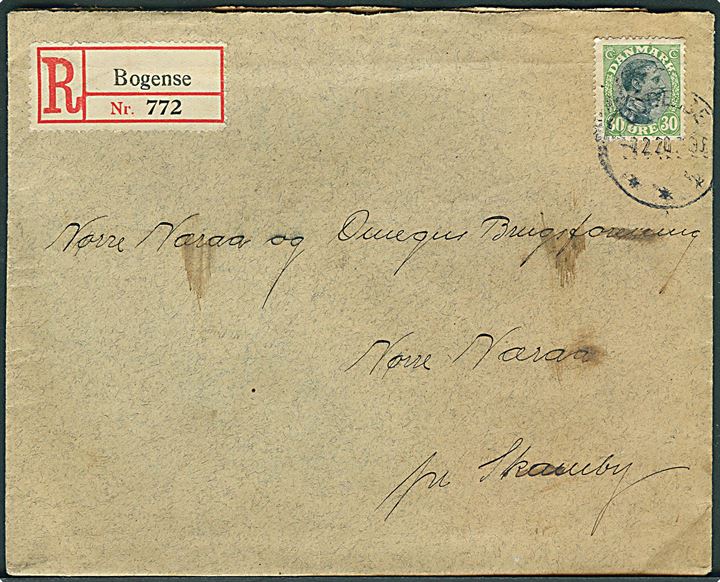 30 øre Chr. X single på anbefalet brev fra Bogense d. 2.2.1920 til Nørre Næraa pr. Skamby.