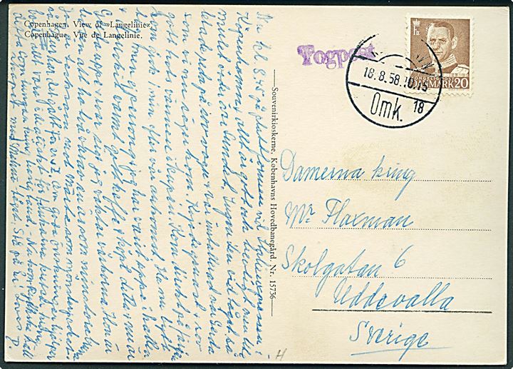 20 øre Fr. IX på brevkort fra København OMK d. 18.8.1958 sidestemplet Togpost til Uddavalla, Sverige.