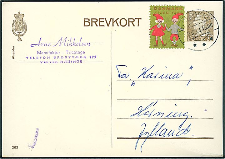 25 øre Fr. IX helsagsbrevkort (fabr. 203) med Julemærke 1963 fra Vester Hæsinge 9.12.1963 til Hørning.