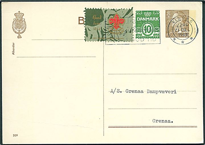 40+10 øre provisorisk helsagsbrevkort (fabr. 209) med Sct. Georgs Gilderne mærke 1968 fra Viborg d. 21.12.1968 til Grenaa.