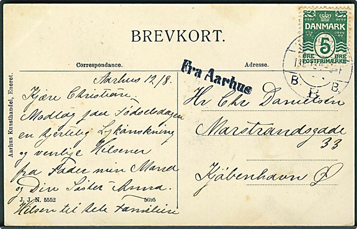 5 øre Bølgelinie på brevkort (Aarhus ved Clemensbro med sporvogn no. 10) annulleret Kjøbenhavn d. 13.8.1913 og sidestemplet Fra Aarhus til København.