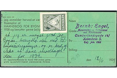 Ufrankeret lokalt svar-brevkort med Loge-mærkat fra København d. 13.6.1939. Udtakseret i enkeltporto med 7 øre portostempel.