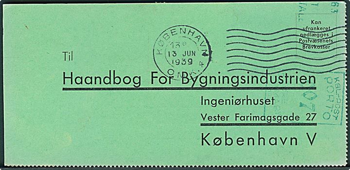 Ufrankeret lokalt svar-brevkort med Loge-mærkat fra København d. 13.6.1939. Udtakseret i enkeltporto med 7 øre portostempel.