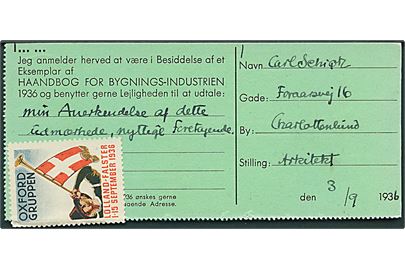 Ufrankeret svar-brevkort med Oxford-Gruppen mærkat fra Charlottenlund d. 3.9.1936 til København. Udtakseret i enkeltporto med 7 øre portostempel.