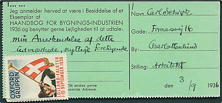 Ufrankeret svar-brevkort med Oxford-Gruppen mærkat fra Charlottenlund d. 3.9.1936 til København. Udtakseret i enkeltporto med 7 øre portostempel.
