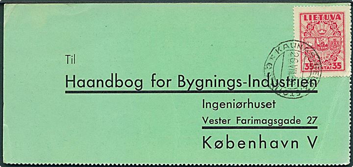 35 c. på brevkort fra Kaunas d. 26.8.1936 til København, Danmark.